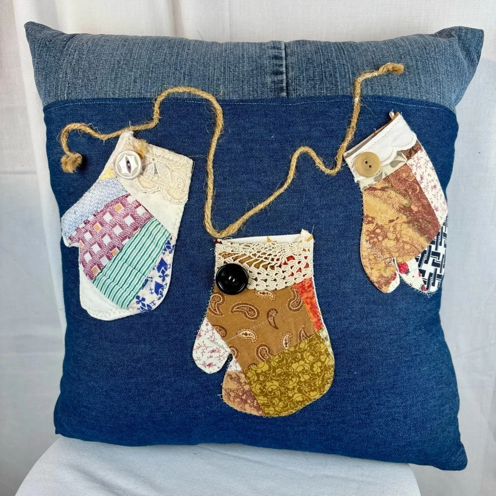 Hand Crafted Denim Pillow with Vintage Embroidered Mittens And Jute‎ Applique